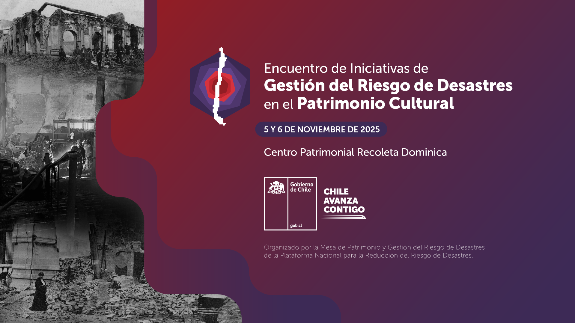 Afiche "Encuentro de Iniciativas de Gestión del Riesgo de Desastres en el Patrimonio Cultural"