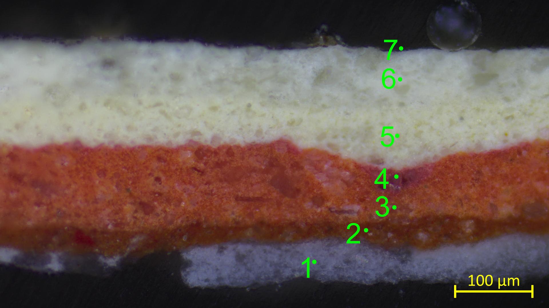 Detalle de secuencia estratigráfica de estratos pictóricos presentes en el busto 