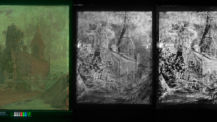 Fluorescencia visible inducida por luz UV, fotografía digital infrarroja y  transmitografía visible. Pintura de La Ermita del Santa Lucía, óleo sobre tela atribuido a Manuel Nuñez, Museo Benjamín Vicuña Mackenna (Monteverde, P. 2026. Archivo CNCR).