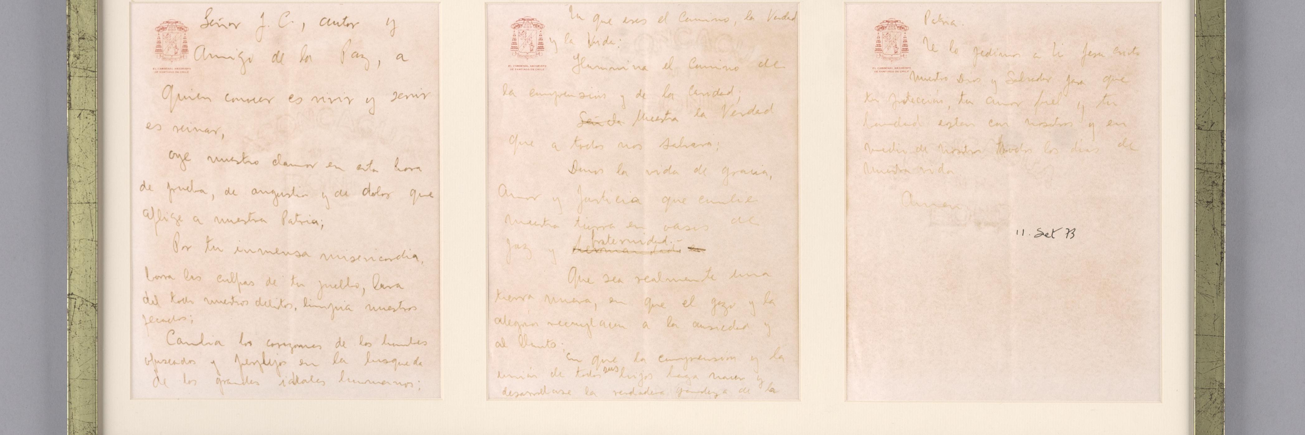 Anverso general de uno de los facsimiles de las tres hojas enmarcado (Pérez, T. 2023. Archivo CNCR).