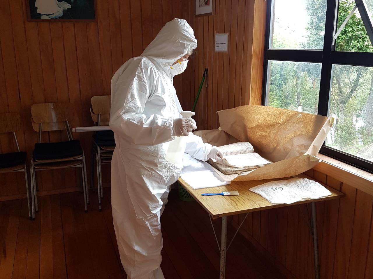 Magaly Otey, profesional del Museo Regional de Ancud, trabajando en la desinfección de libros afectados por hongos.