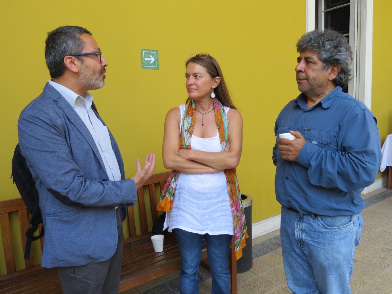 Pablo Andrade, Director del Museo Histórico Nacional, Leonor Castañeda, Secretaria Académica de la Universidad Diego Portales, y Raúl Molina, Antropólogo Asociado del Laboratorio de Pintura CNCR. (neveu, S. 2016)