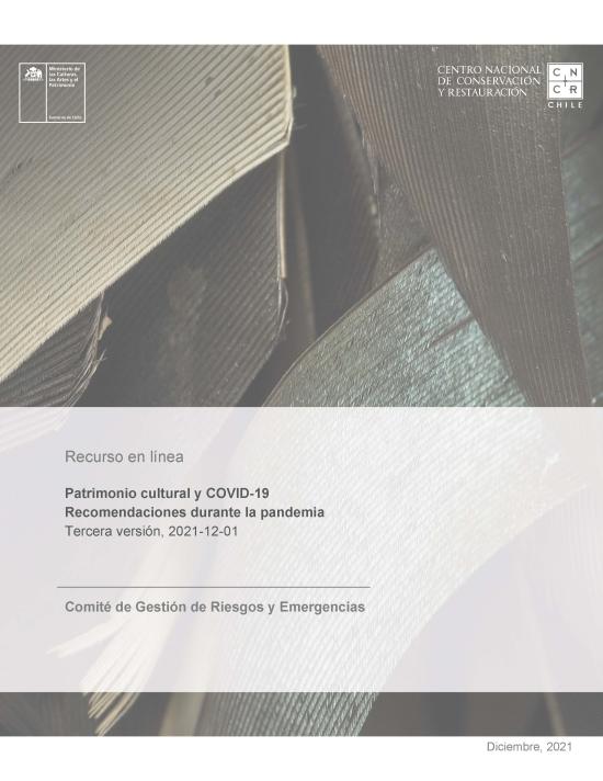Patrimonio cultural y COVID-19. Recomendaciones durante la pandemia. Tercera versión, 2021-12-02. (Recurso en línea) Cubierta Patrimonio Cultural y Covid-19