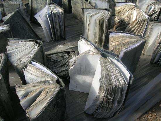 Libros en proceso de secado luego del tsunami de 2011