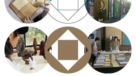 Símbolos y fotografías circulares, alusivas a la conservación en museos