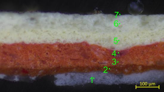 Detalle de secuencia estratigráfica de estratos pictóricos presentes en el busto 
