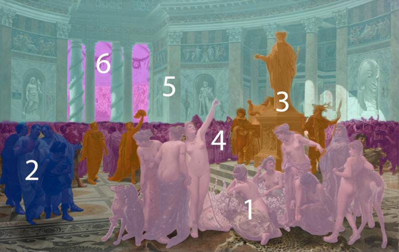 Catón en las fiestas florales de Roma: planos