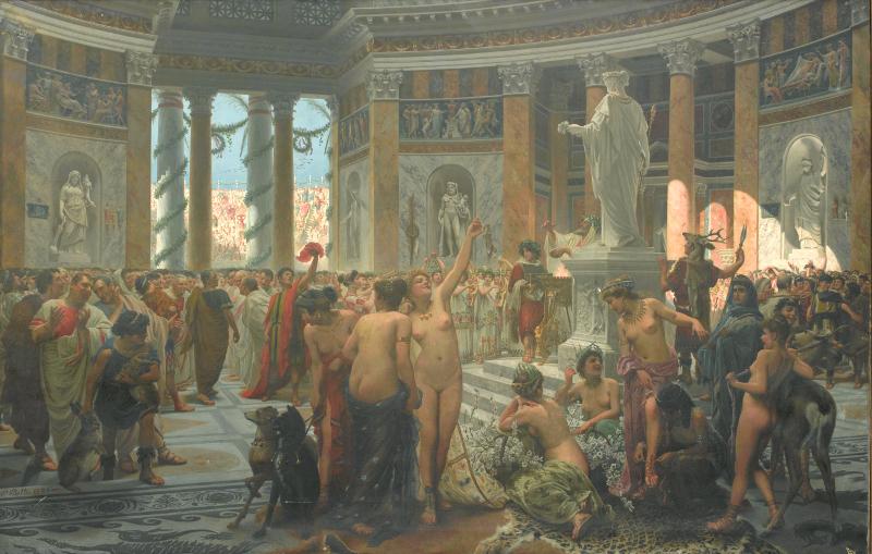 Catón en las fiestas florales de Roma: anverso inicial